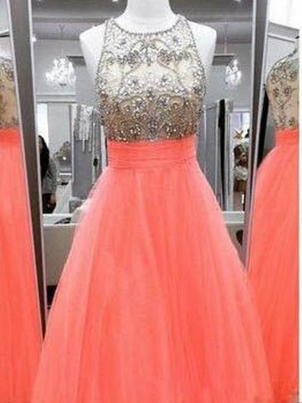 RACHAEL ALLEN Coral Pink Long Hand Beaded Jeweled Tulle Formal Gown US 4
